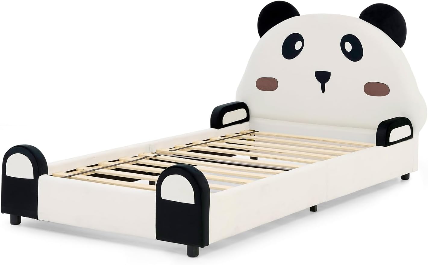 Antetek Twin Bed Frame for Kids with Cute Cartoon Panda Headboard, Velvet Upholstered Comfy Platform Bed Frame for Girls Boys, Sofa Bed Low Profile Single Bed, No Box Spring Needed, Beige