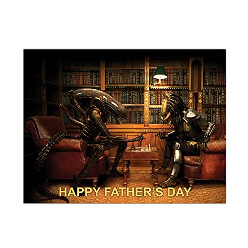 Alien vs Predator Father's Day Card, AVP Playing Chess, Pool, Alien Predator Movie, Xenomorph Alternative Greeting Card (A5)