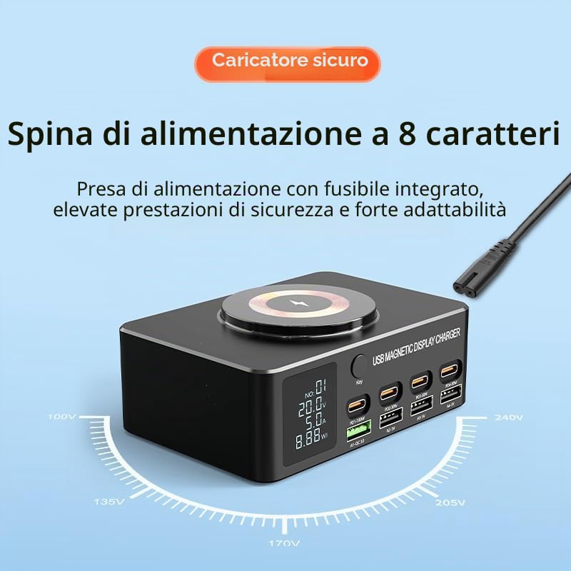 Caricatore intelligente multifunzione con display magnetico da 140 W, 8+1 porta USB C con PD da 100 W, QC3.0, caricatore wireless magnetico, display LCD