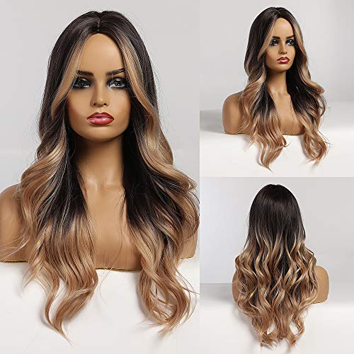 Alanhair Ombre Black Root Blonde Wig Middle Part NONE Lace Long Curly Women's Wigs 24 Inch Synthetic Wigs for Woman