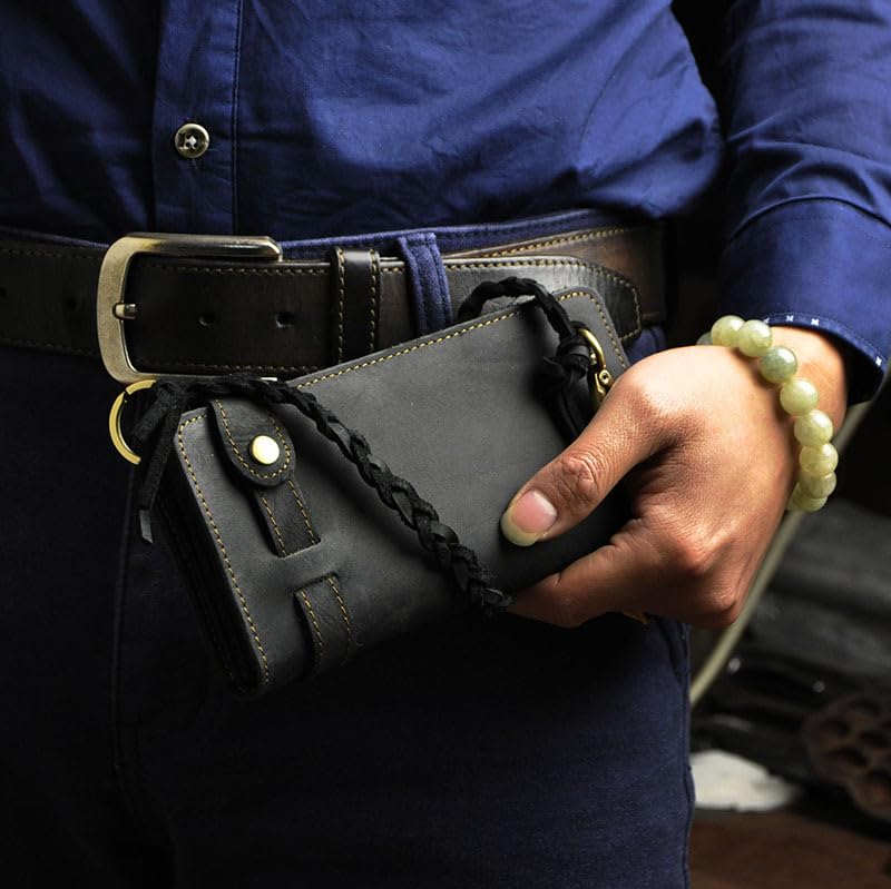 Genuine Leather Wallet For Men Bifold Chain Retro Style with Secure Money Clip Brown (Black)2