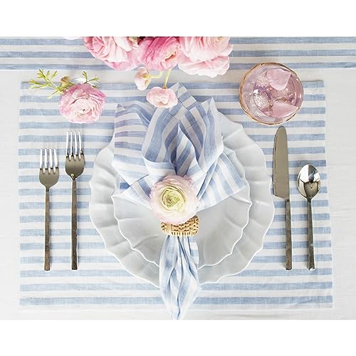 Image of Solino Home 100% Linen Napkins, 20 x 20 in, Blue and White Stripe, Set of 4 | Amalfi Stripe, a finishing touch for meals, weddings and holidays, European flax fibres, machine washable, OEKO-TEX Certified
