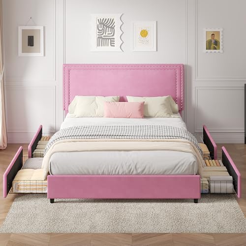 Image of VECELO Full Size Upholstered Bed Frame with 4 Storage Drawers, Adjustable Velvet Rivet Decor Headboard, Wooden Slats Platform Support, No Box Spring Needed, Easy Assembly,Pink