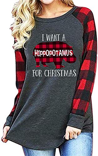 I Want A Hippopotamus for Christmas Plaid Shirt Women's Plaid Hippo Graphic Spling Long Sleeve Tshirt Xmas Holiday Tops (Small, Grey)