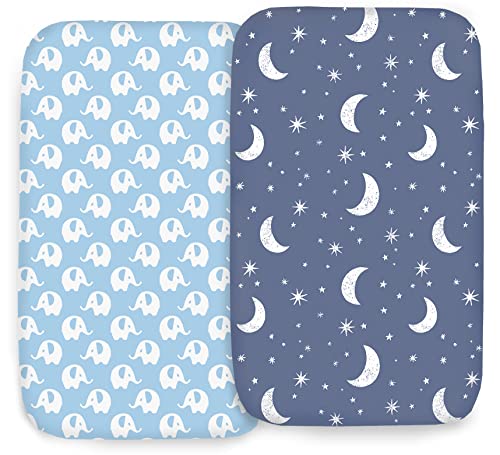 Image of 100% Organic Cotton 2 Pk Bedside Sleeper Bassinet Fitted Mattress Sheets for Mika Micky, Baby Delight, Ronbei, Chicco, KoolerThings, Cloud Baby, AMKE, Angelbliss, Maxi-COSI, Arm's Reach and More. Boy