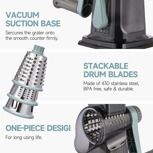 Image of Rotary Cheese Grater with Handle Kitchen Shredder Slicer Grater Slicer Ice Shaver Cheese Vegetable Nuts Potato Zucchini Chocolate 3 Interchangeable Blades (GreyBlue)