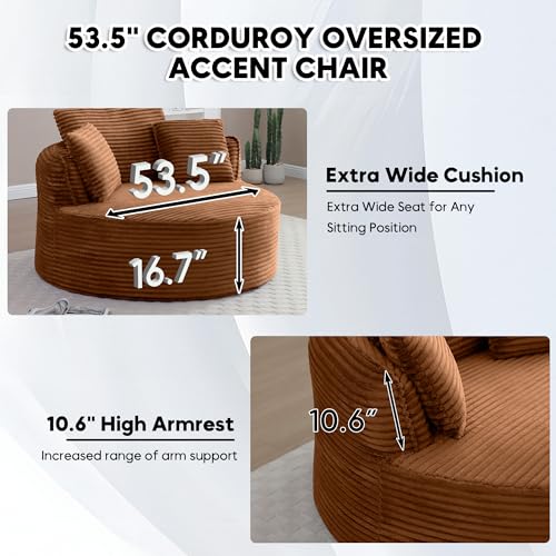 Image of Oversized Round Chair Lounge Chaise Indoor, 53.5 inch Upholstered Corduroy Deep Seat Single Cloud Sofa Chair, Fluffy Modern Large Circle Boneless Sleeper Sofa for Living Room, Bedroom, Orange