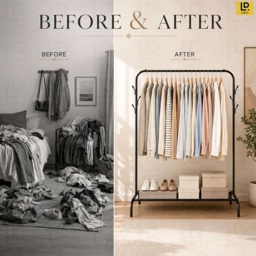 Image of LEOPAX Metal Clothes Rack for Hanging Clothes, Garment Rack with Bottom Shelf, Freestanding Portable Wardrobe Organizer for Bedroom, Laundry Room, Entryway, Clothes, Coats, Shoes & Bags, Black