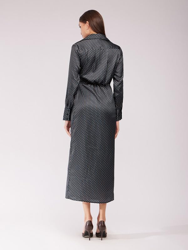 Image of FableStreet Women's Casual Shirt Collar Printed Polyester Midi Dress