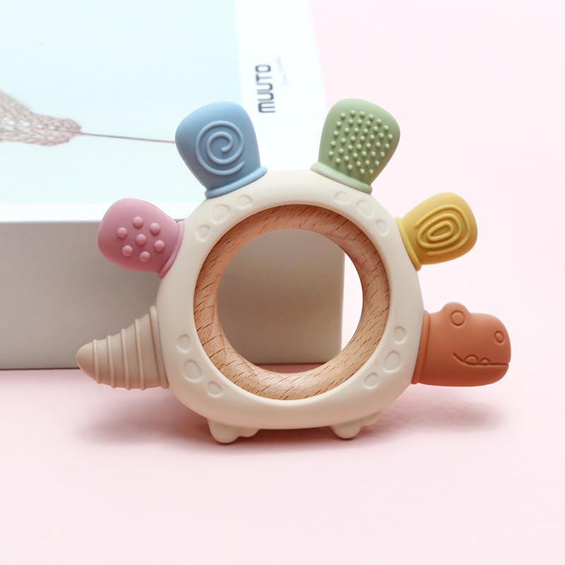 Miniatura 6 de Juguete mordedor de dinosaurio para bebé, silicona sin BPA y anillo de madera de haya natural para aliviar la dentición infantil, seguro, no tóxico,