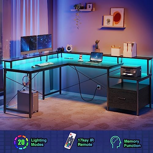 Rolanstar Computer Desk With File Drawer, 68" L Shaped Desk With Power Outlet & Led Strip, L Shaped Computer Corner Desk With File Cabinet, Gaming Desk With Monitor Shelf, Home Office Desk, Black #TOP1