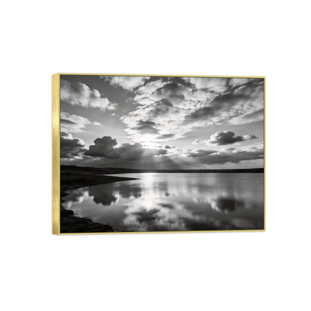 OZPWBVY Sea Clouds Black White Landscape Canvas Picture 50x65cm Gold Frame