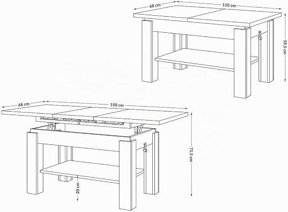 All4All Astra Coffee Table Living Room Table Sofa Table with Shelf Height Adjustable Compact Size Sofa Table 110 x 68 cm 05 Brown Oak + Black