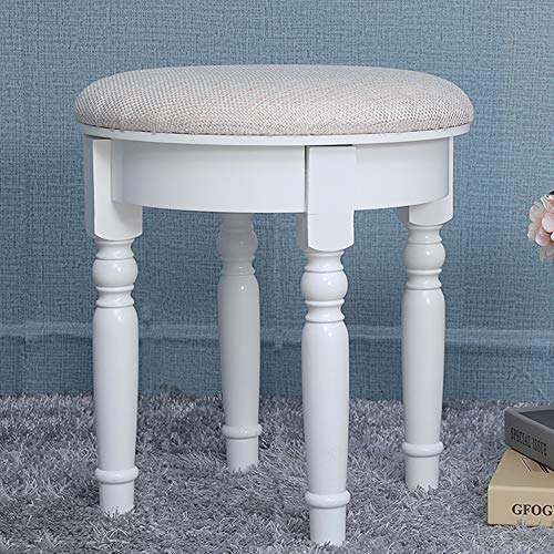 IWELL Round Vanity Stool with Rubber Wood Leg, Country Style Padded Dressing Makeup