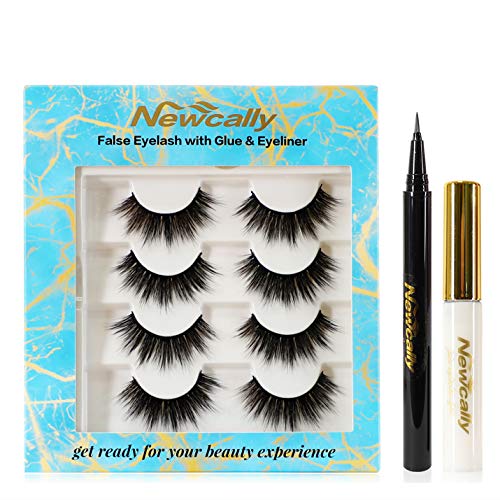 False Eyelashes with Glue and Eyeliner, Newcally False Lashes Kit 4 Pairs with Liquid Eyeliner and Eyelash Glue