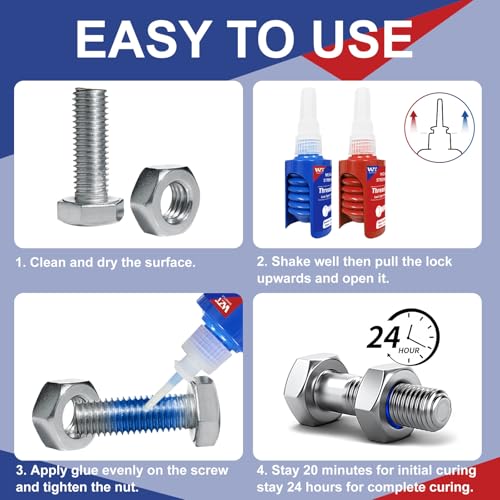 Image of Thread Lock Blue and Red, Lock Tight Threadlocker Medium and High Strength, Thread Locker for Nuts, Bolts, Fasteners and Metals, Prevent Loosening and Corrosion (50 mlx2)