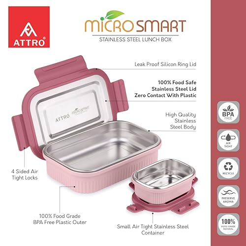 Image of ATTRO Micro Smart Stainless Steel Lunch Box with Inner Steel Body, Microwave Safe Without Lid, Airtight Leakproof with Small Container for Office, School Kids & Outdoor Use - 800ml+180ml-Peach