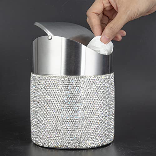 Image of KEYPOWER Bling Rhinestone Mini Trash Can Tiny Waste Can with Swing Lid Stainless Steel,Suitable for Countertop,Car,Table Desk(White)