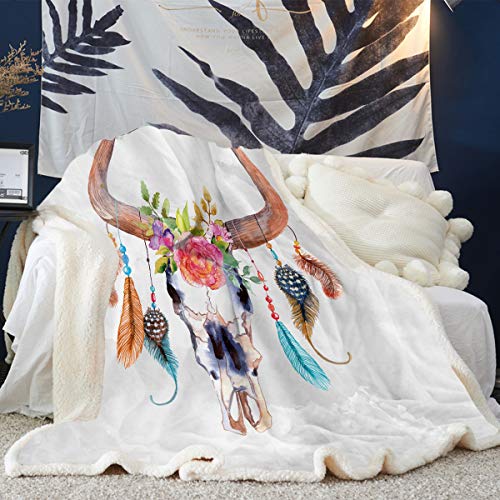 Arightex Boho Chic Western Bull Skull Blanket Watercolor Floral Cow Skull Blanket Reversible Sherpa Fleece Throw Blankets (50 X 60 Inches) #TOP4