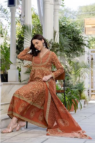 Image of Pistaa's Women's Pure Cotton Anarkali Floral Printed Hand Work Kurta with Pant & Dupatta Set