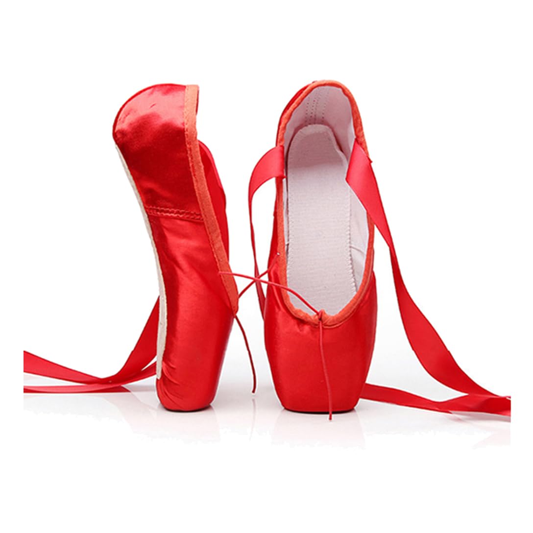 MSMAX Girls Satin Ballet Pointe Shoes Professional Dance Flats Red 12 M US Little Kid