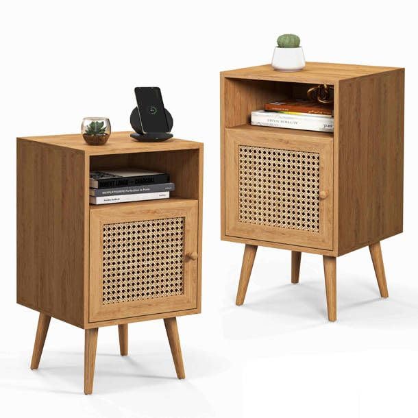 Rattan Nightstand Set of 2, Boho Bedside Table with Open Shelf and Cabinet Door, Natural Wood-image-38