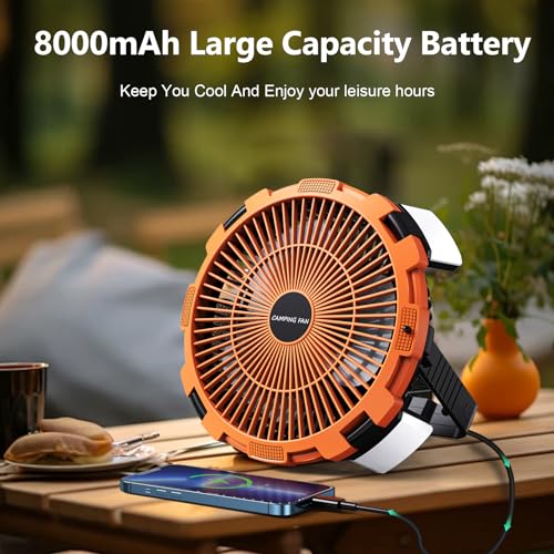 Camping-Fan-with-LED-Lantern-8000mAh-Rechargeable-Battery-Powered-Camping-Fan-with-Remote-Hook4-SpeedsUSB-C-Charging-Outdoor-Tent-Fans-for-HomeTravelBBQFishingSleepEmergency-Orange