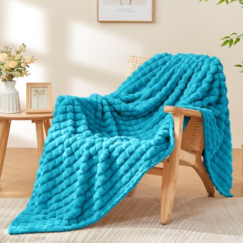 Image of BEDELITE 3D Checked Teal Fleece Twin Throw Blanket for Bed, 60x80 Inch