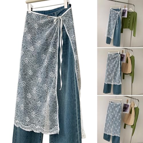 Women Korean Sheer Mesh Layering Long Skirt Hip Scarf with Tie Up Hollow Out Flower Lace Hip Covering Apron Skirts2