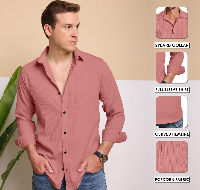 Image of Macsivo Men's Popcorn Shirt with Spread Collared Long Sleeve Button Down Closure Curved Hem Length | Linen Shirt for Man