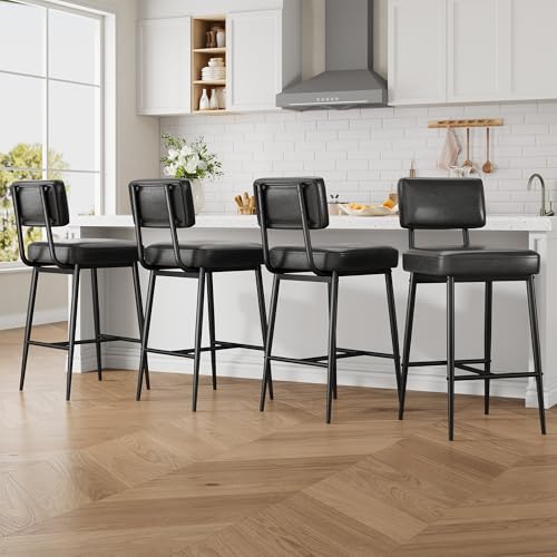 Image of GarveeHome Black Bar Stools Set of 2, 26 inch Counter Height Bar Stools with Back, Faux Leather Upholstered Barstool Chairs with Metal Legs for Kitchen Island, Counter Bar