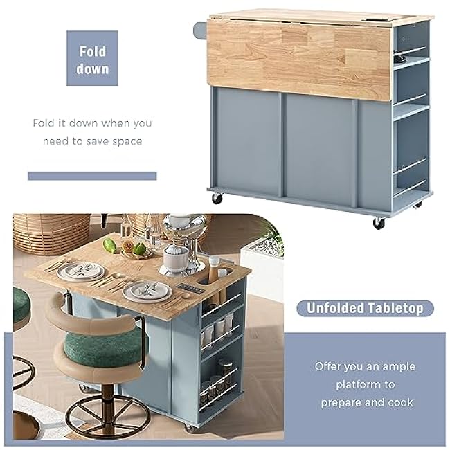 Versatile Kitchen Island for Enhanced Living, Convenient Power Outlet, Drop Leaf Design with Open Storage and Wine Rack, Grey Blue-6LZhObFS