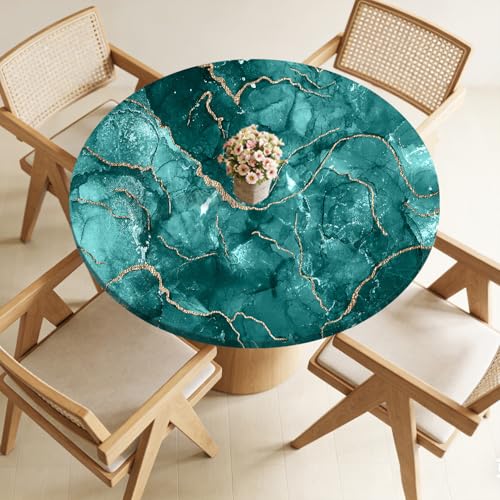 Highdi Mantel Redondo con Bordes Elásticos para Ø 60–160cm, Antimanchas Ajustable, Protector de Mesa para Fiesta, Comedor, Hogar y Jardín Exterior (Mármol Elegante 6,120cm)