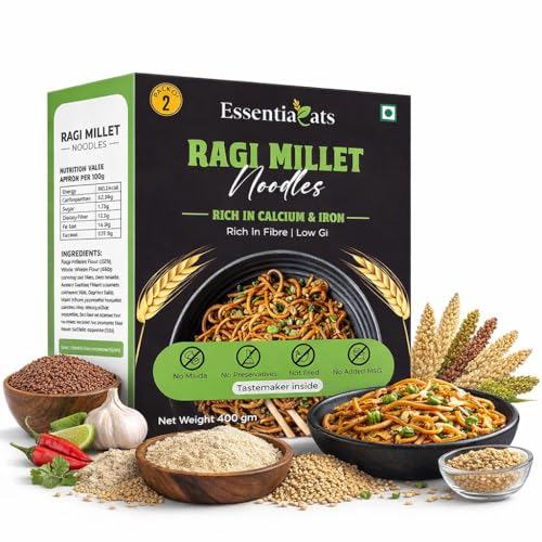 Image of Essentiaeats Ragi Millet Noodles Includes Tastemaker 400g Pack of 2, No Maida Not Fried No Preservatives No MSG Healthy Hakka Noodles Ready to Cook
