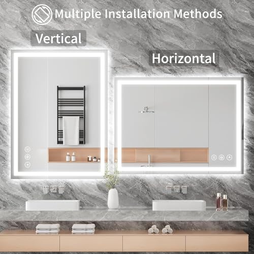 Image of Simple Deluxe LED Bathroom Mirror 36x48 Inch Tempered Glass - Frameless LED Backlit Lighted Mirror for Bathroom Vanity with Anti-Fog, 3 Colors Dimmable, Memory Function, Wall-Mounted
