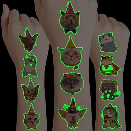 Image of 96 PCS Cat Luminous Glow in The Dark Temporary Tattoos for Kids | Cute Cats Themed Birthday Party Favors, Supplies, Decorations & Fake Animal Paw Stickers for Boys Girls