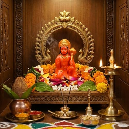 Image of Orange Hanuman Ji Murti Blessing Hanuman Idol Sitting Bajrangbali Balaji Sankat Mochan Bhagwan Statue with Gada for Temple Mandir Car Dashboard Home Decor Resin Hanuman Statue 3.1 Inches