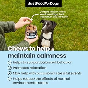 JustFoodForDogs Calming Supplement for Dogs Soft Chew to Support Stress and Anxiety, Melatonin, Relaxation Aid, Human-Grade Ingredients – 45 count