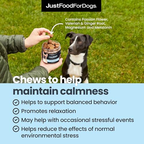 JustFoodForDogs Calming Supplement for Dogs Soft Chew to Support Stress and Anxiety, Melatonin, Relaxation Aid, Human-Grade Ingredients – 45 count JustFoodForDogs Calming Supplement for Dogs Soft Chew to Support Stress and Anxiety, Melatonin, Relaxation Aid, Human-Grade Ingredients – 45 count