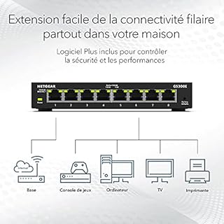 NETGEAR (GS308EV4) Switch Ethernet 8 Ports RJ45 Métal Gigabit(10/100/1000),Switch RJ45 Web Manageable Serie Plus, Plug-and-Play, Silencieux sans Ventilateur , positionnement sur Un Bureau ou au Mur