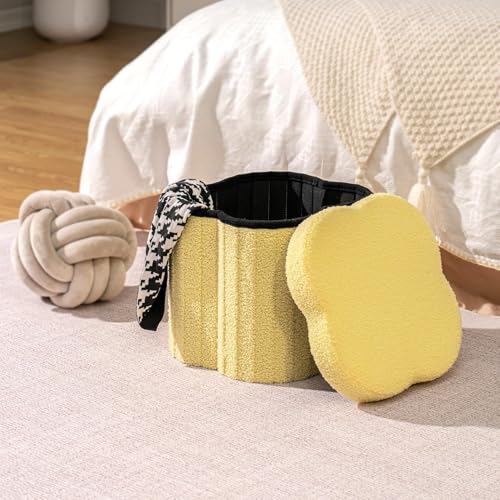 Image of B FSOBEIIALEO Storage Ottoman Cube, Flowers Shaped Ottomans with Storage Foot Stool Footrest for Lving Room, Boucle Ottoman Seat for Dorm Room,Faux Teddy Fur, Yellow 12.6 inchx12.6 inchx12.6 inch