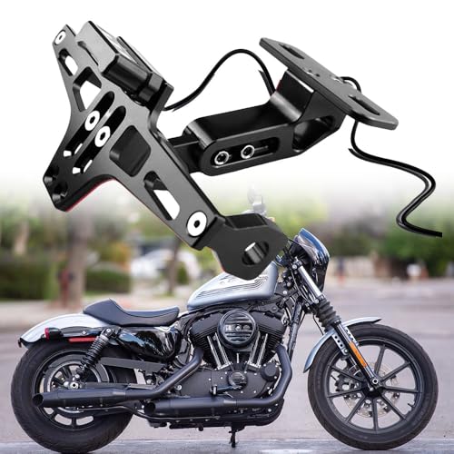 SUMRED Einstellbare Lizenz Halterung mit LED-Licht für Harley Davidson Iron 1200 2020-2021, Motorrad Kennzeichenhalter Verstellbarer Kennzeichenhalterung Aluminium,1