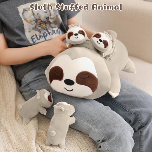 Image of TOYSYM Sloth Stuffed Animal Cute Sloth Plush Pillow with 4 Baby Plushies in Her Tummy, Soft Cotton Stuffed Animals Toy Gifts for Kids