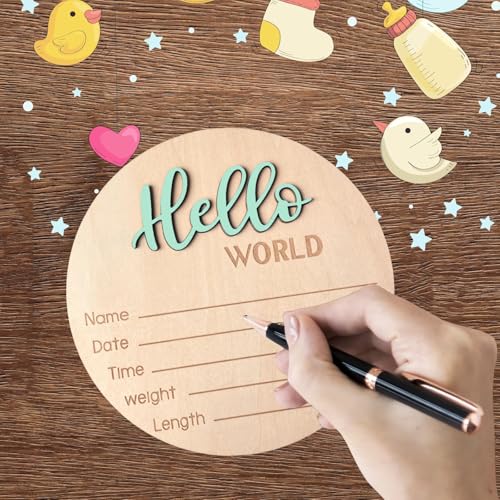Image of Baby Announcement Sign, 5.9 Inch Wooden Hello World Newborn Signs, Birth Announcement Sign, Baby Shower Hospital Nursery for Newborn Boys and Girls (Spark Green)