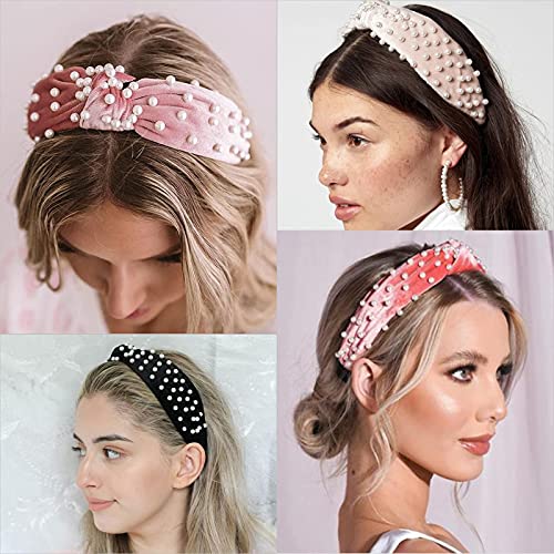 Image of DRESHOW 4 Pack Velvet Pearl Headbands for Women Girls Bow Turban Vintage Boho Head Bands Wraps Hoop Hair Accessories Gift