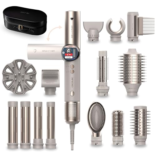 Cecotec Moldeador de Pelo 14 Cabezales AirGlam 14in1 Flex Champagne. 1400W, 110000RPM, Pantalla, Tecnología Coanda, Motor Brushless, Función Rotativa y Revestimiento Cerámica y Queratina