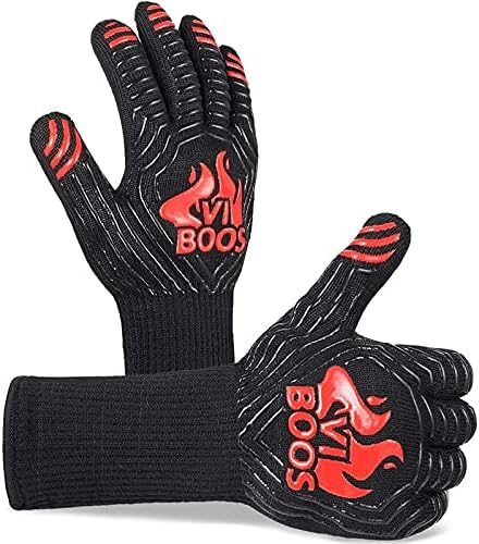 BBQ Grill Gloves, 1472℉ Extreme Heat Resistant Grilling Gloves for Cooking,Baking and for Smoker, Silicone Insulated Cooking Oven Mitts, 13 Inch Long Non-Slip Potholder Gloves,1 Pair (Black & Red)