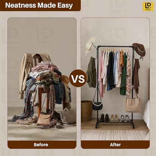 Image of LEOPAX Multipurpose Tree Coat Hanger Stand with Cloth Rail and Hooks, Durable Clothes Rack Organizer for Hanging Clothes, Bags and Accessories for Home, Living Room and Bedroom - Black