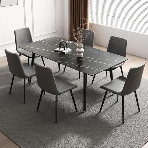 Modern Kitchen Dining Slate Table for 6-8 Seat,Rectangular Dining Black Sintered Stone Table for Home,Kitchen,Living Room,Dining Room,1 Table (Black Top)