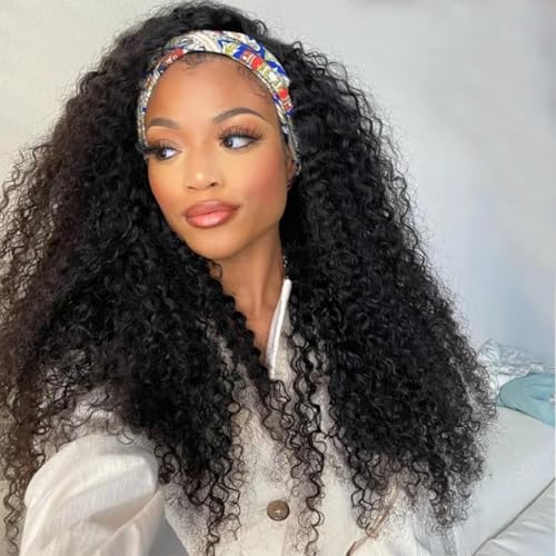Image of 200 Density Deep Wave Headband Wig Human Hair 26 Inch Curly Half Wig Human Hair None Lace Front Wigs for Black Women Natural Color, 100% Human Hair, No Shedding
